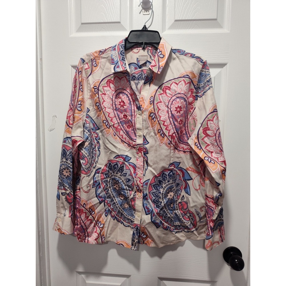 Chico's Shirt Size 3 XL/16 Pink Paisley Print No Iron Boxy Cotton Chintz Career - Picture 11 of 11